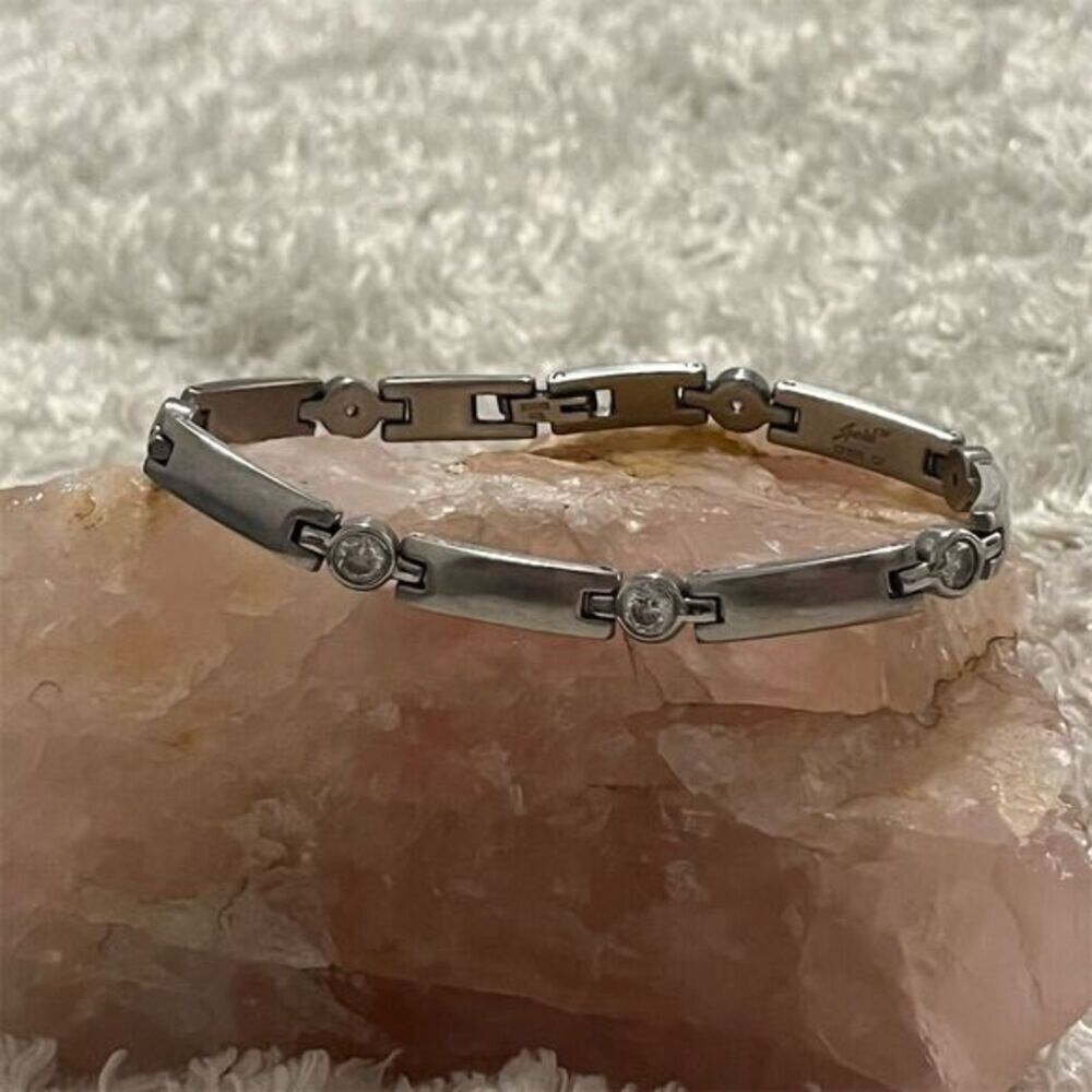 Speidel Silver Stainless Steel Chain Bracelet Cubic Zirconia‎ 7.5" Secure Clasp